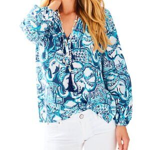Lilly Pulitzer Elsa Silk Keep on Trunkin Blue Elephant Print Blouse Top